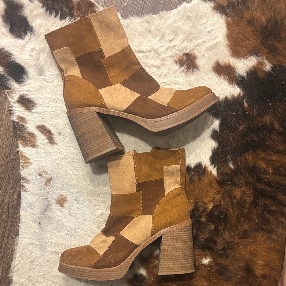 Target Patchwork Suede Block Heel Ankle Boots - Tan/Brown